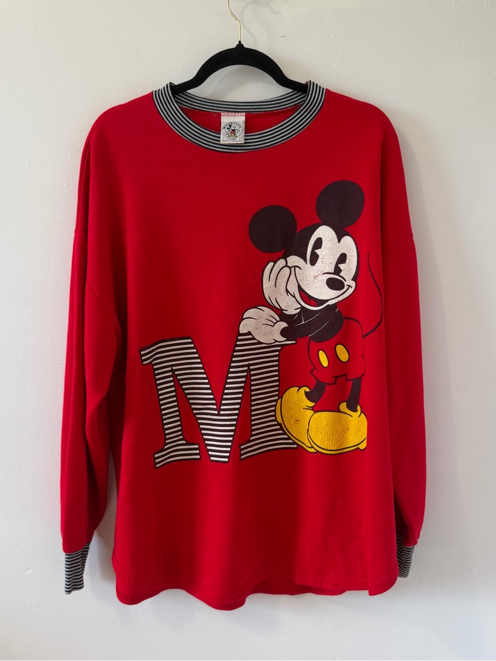 Vintage 90s Mickey & Co L.V. Myles Red Sweatshirt Striped Collar Cuffs XL